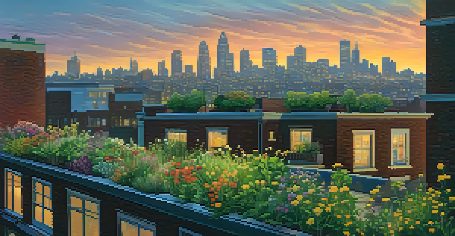 An urban scene at dusk with a rooftop garden overlooking a city skyline, bathed in golden sunlight.