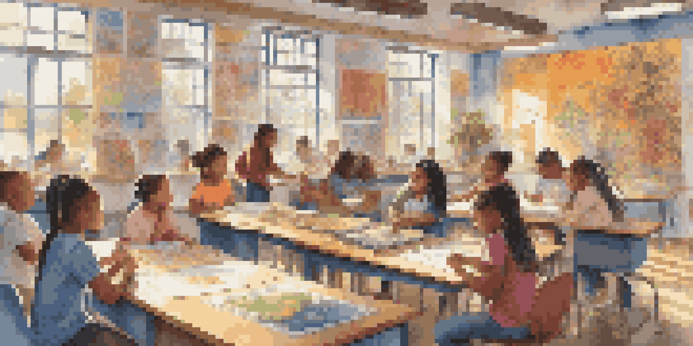 A diverse group of students working together on a colorful mural in a bright classroom, engaging in artistic collaboration.