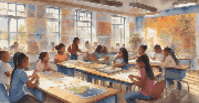 A diverse group of students working together on a colorful mural in a bright classroom, engaging in artistic collaboration.