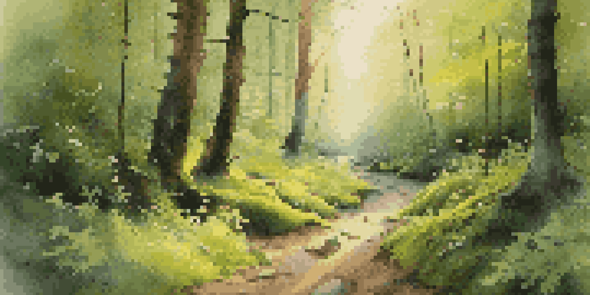 A peaceful forest at dawn with golden light, trees, and a winding path surrounded by green moss and wildflowers.