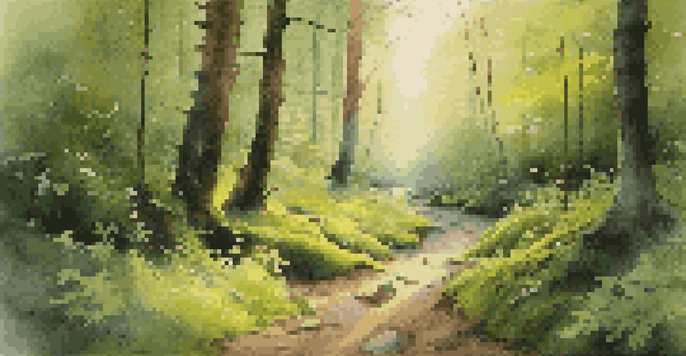 A peaceful forest at dawn with golden light, trees, and a winding path surrounded by green moss and wildflowers.