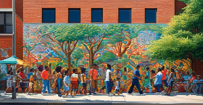 A colorful mural in an urban area featuring diverse individuals and cultural symbols, surrounded by greenery and soft sunlight.