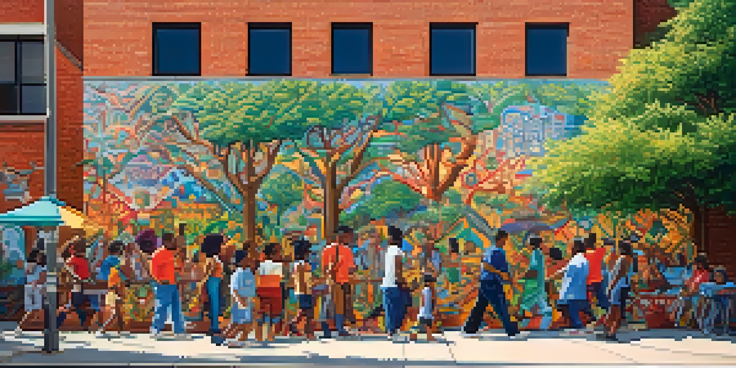 A colorful mural in an urban area featuring diverse individuals and cultural symbols, surrounded by greenery and soft sunlight.