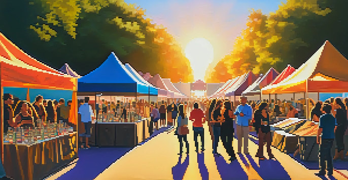 A lively outdoor art festival with diverse artists and colorful tents displaying various artworks under a warm sunset light.