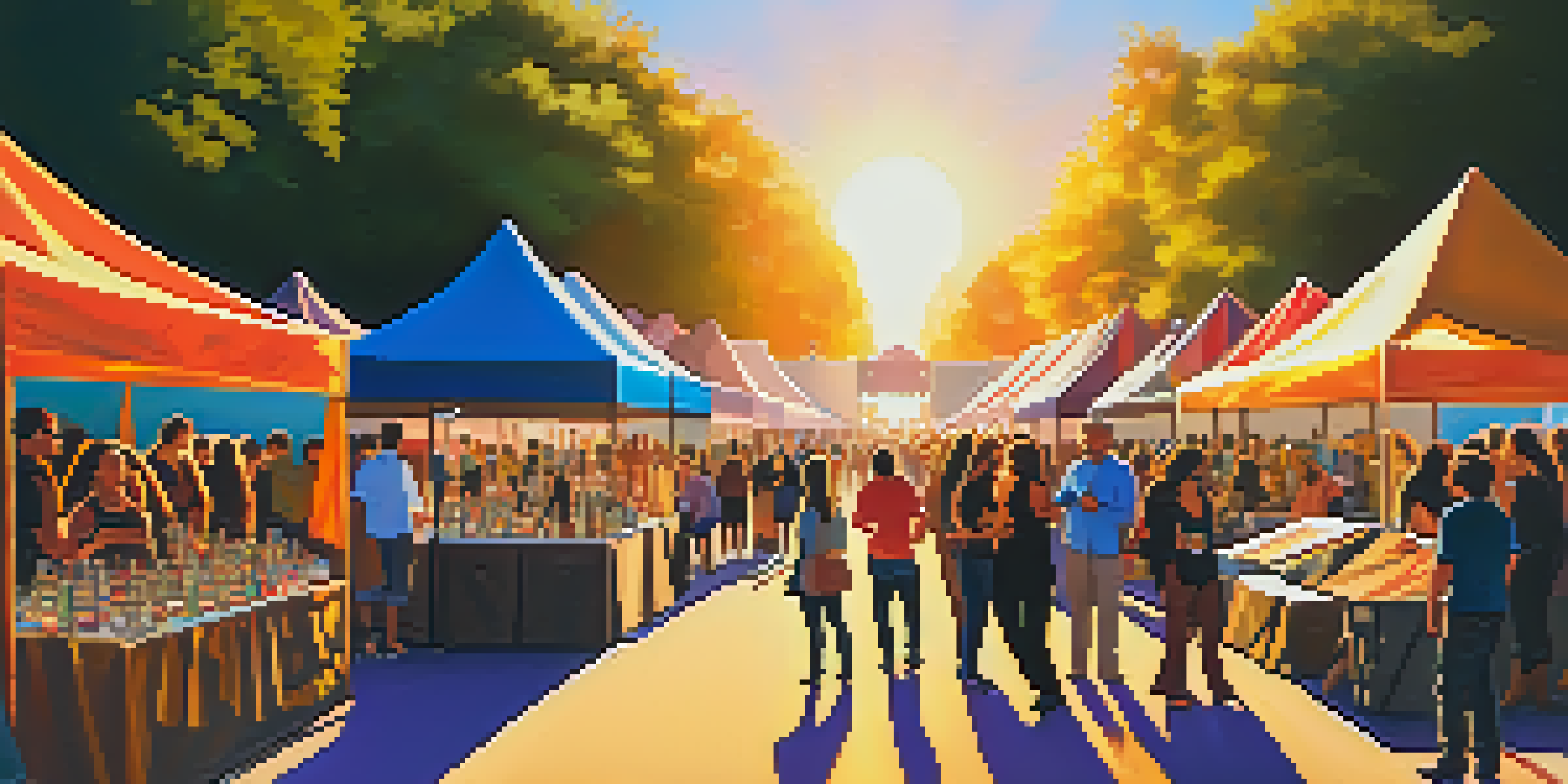A lively outdoor art festival with diverse artists and colorful tents displaying various artworks under a warm sunset light.