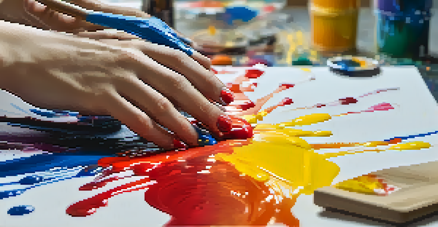 A close-up of hands painting on a canvas, showcasing vibrant colors and the textures of paint in a creative process.