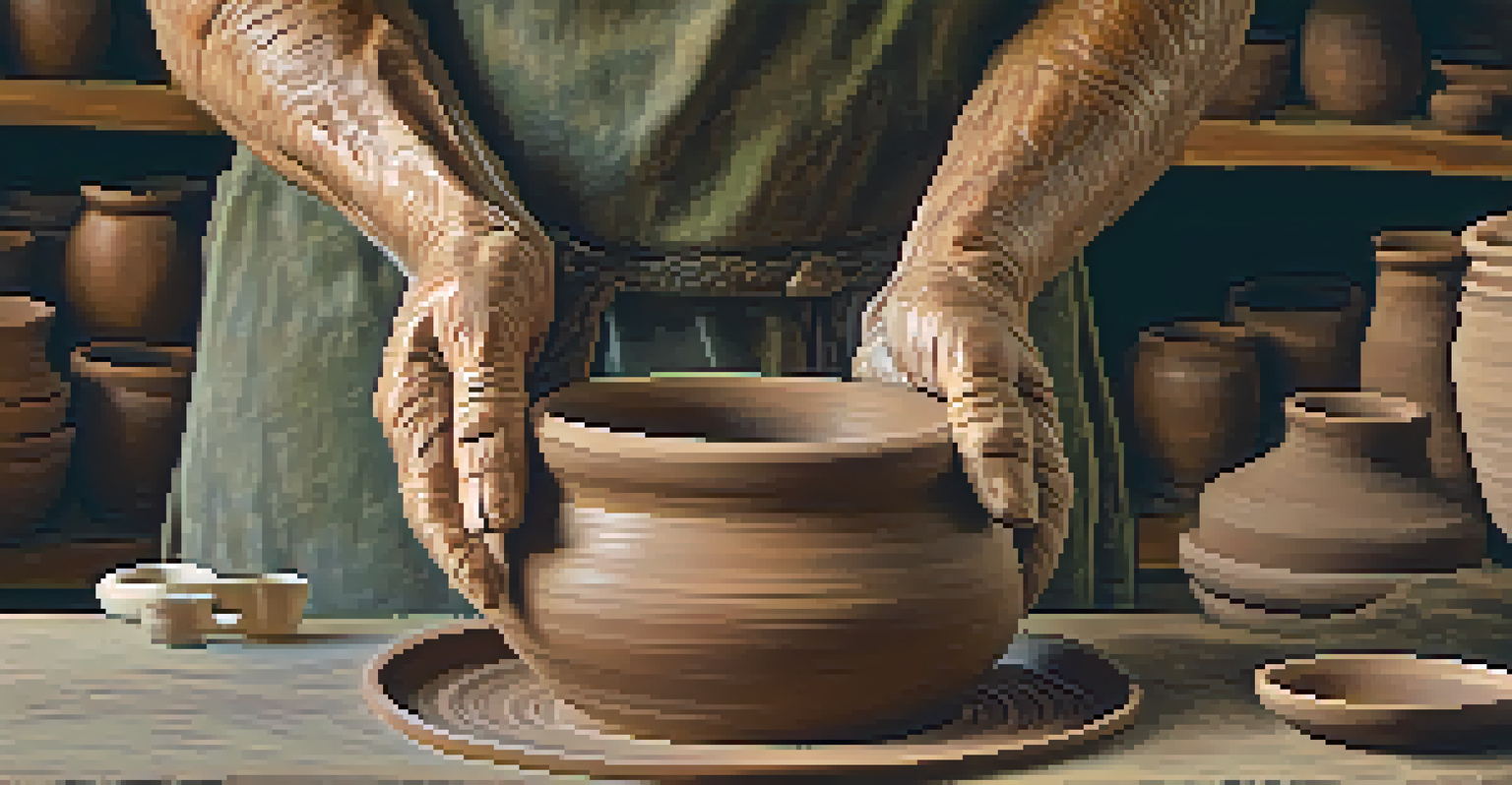 A close-up of an elderly artist's hands shaping clay on a pottery wheel, with soft lighting highlighting the textures.