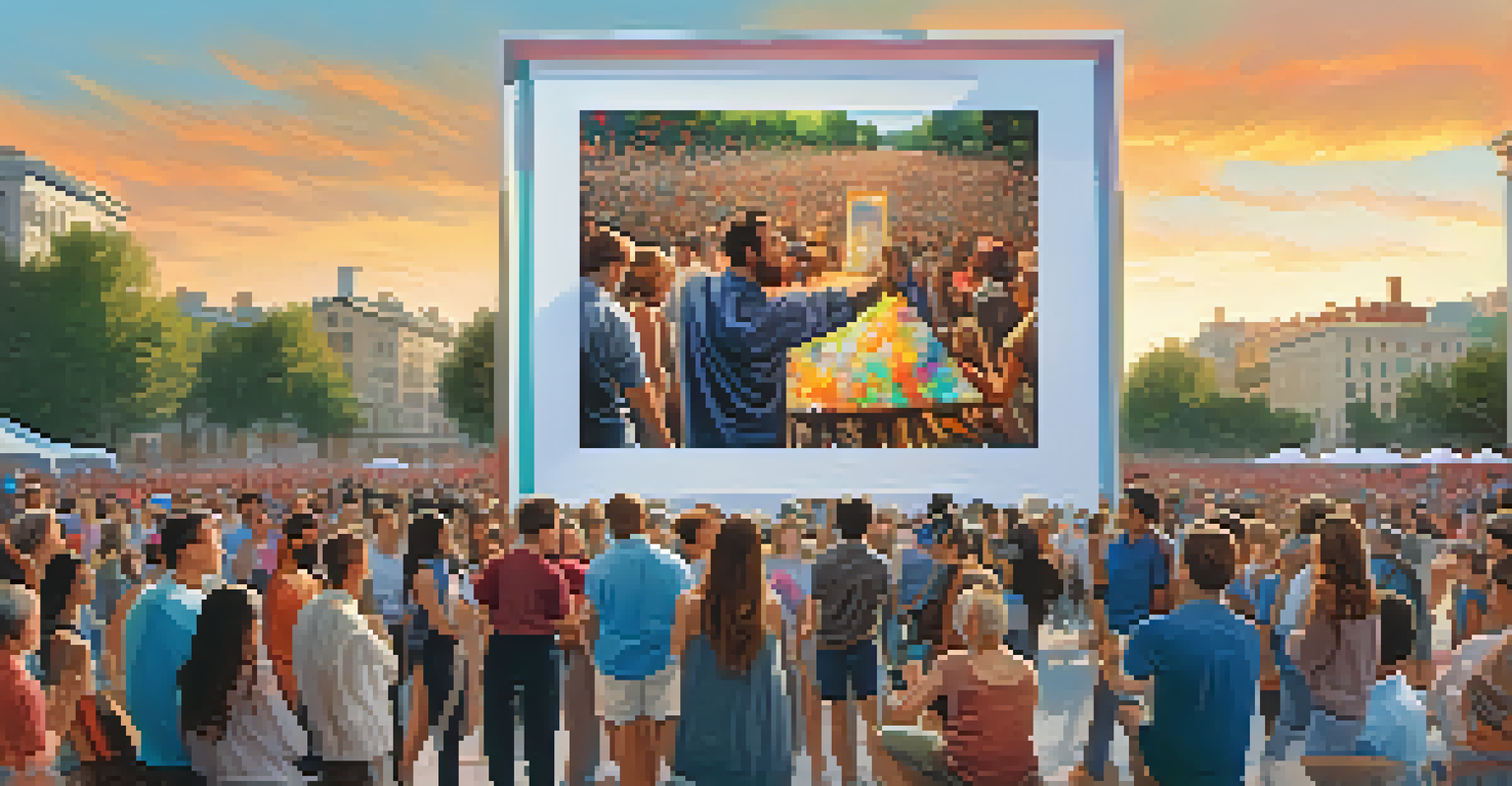 An artist painting in public, surrounded by an engaged crowd, with vibrant colors and soft evening light.