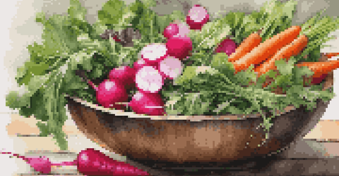 A colorful salad bowl filled with fresh greens, radishes, and carrots, garnished with herbs and edible flowers, set on a wooden table.