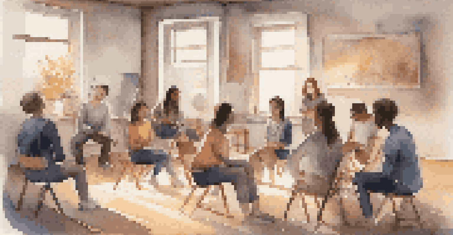 A group of students participating in a drama class, practicing a scene in a cozy studio with warm lighting and scattered props.