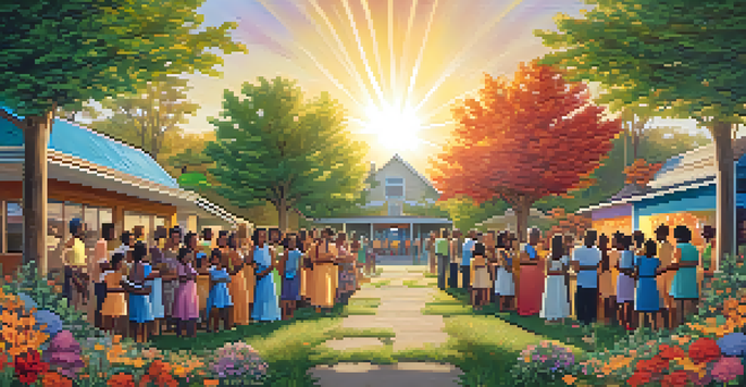 A colorful mural illustrating community unity, featuring diverse individuals holding hands amidst flowers and trees, bathed in warm sunlight.