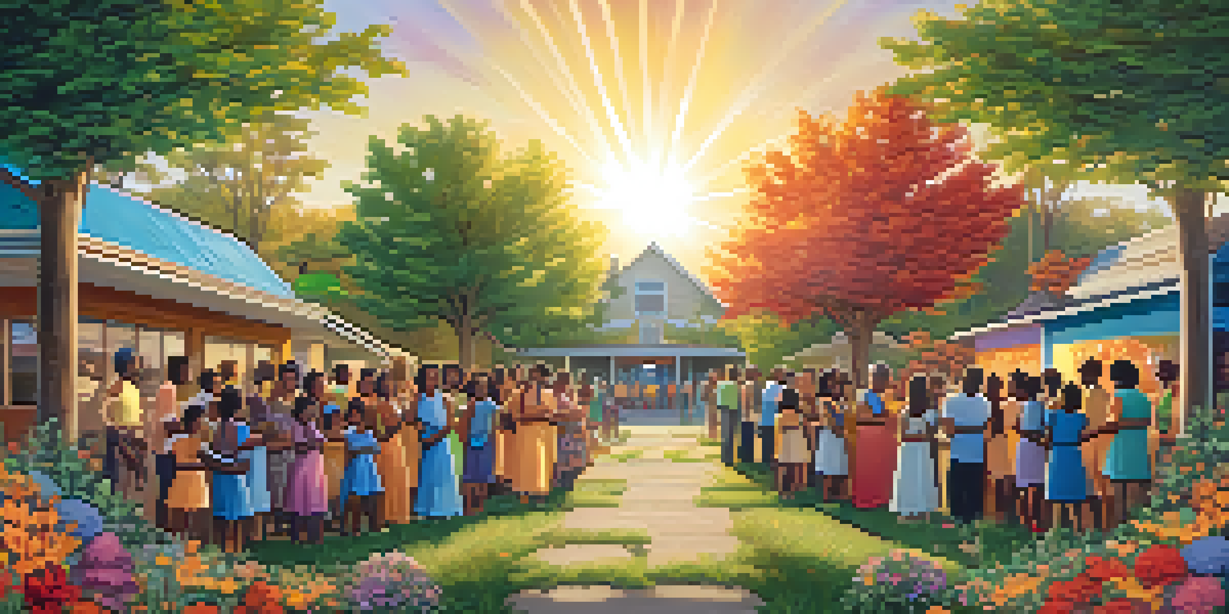A colorful mural illustrating community unity, featuring diverse individuals holding hands amidst flowers and trees, bathed in warm sunlight.