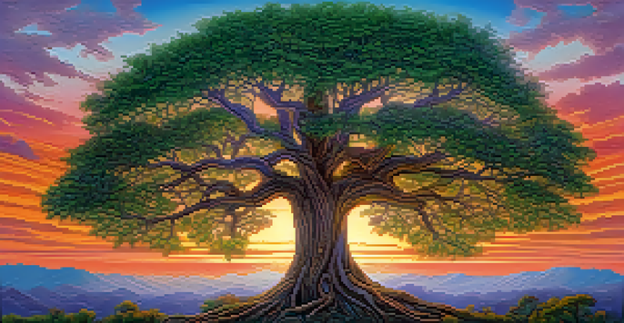 A vibrant tree of life in a lush green landscape, surrounded by a colorful sunset sky.