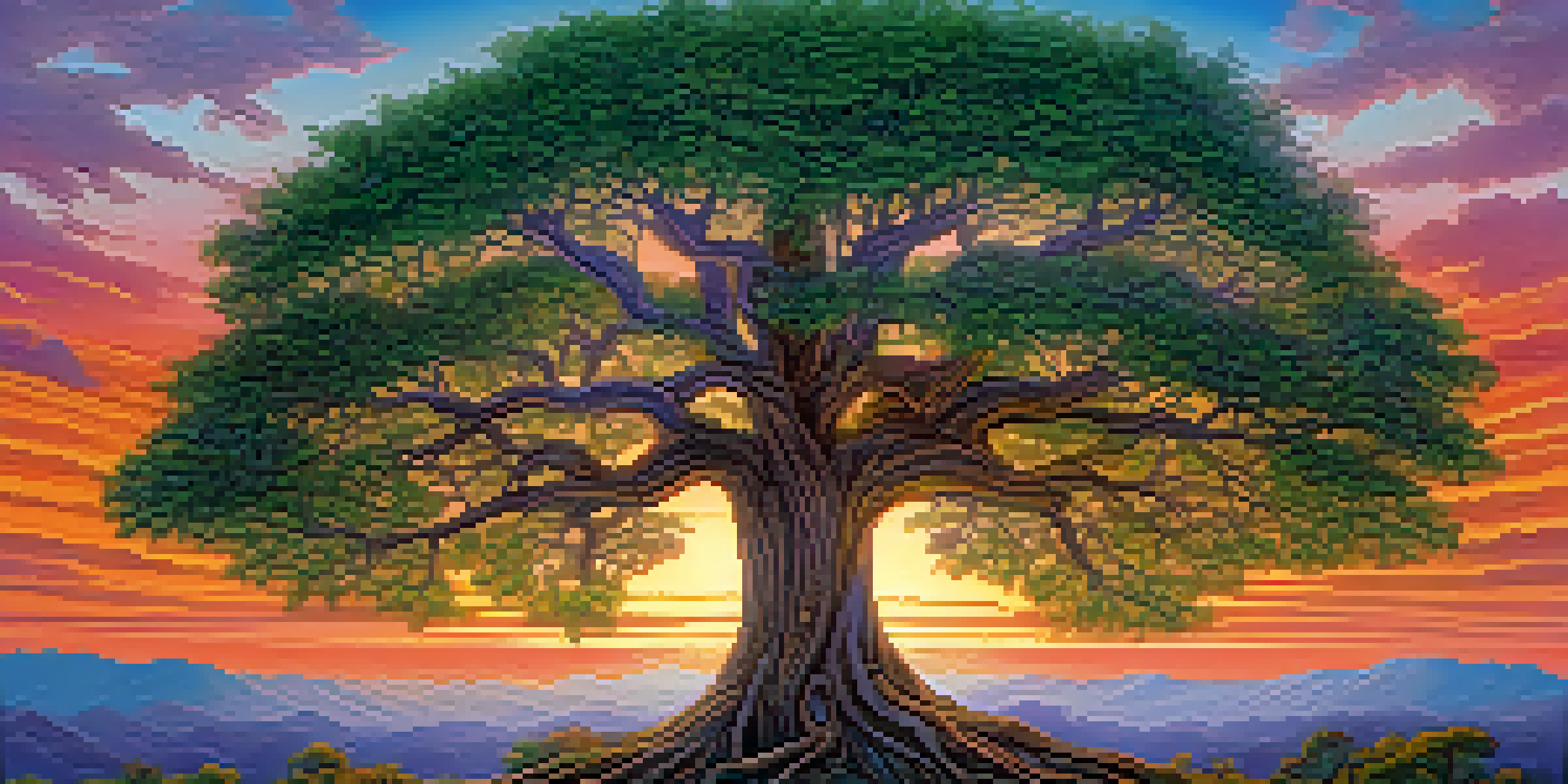 A vibrant tree of life in a lush green landscape, surrounded by a colorful sunset sky.