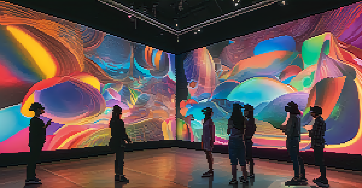 An art gallery featuring a virtual reality installation with viewers interacting with colorful light projections and abstract shapes.