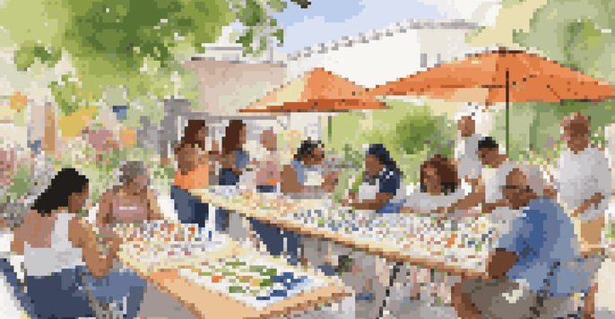A diverse group of people participating in an outdoor art workshop, surrounded by greenery and colorful art supplies.