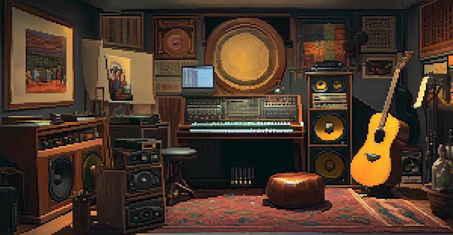 A musician discussing with a cultural representative in a recording studio, surrounded by traditional instruments and warm lighting.