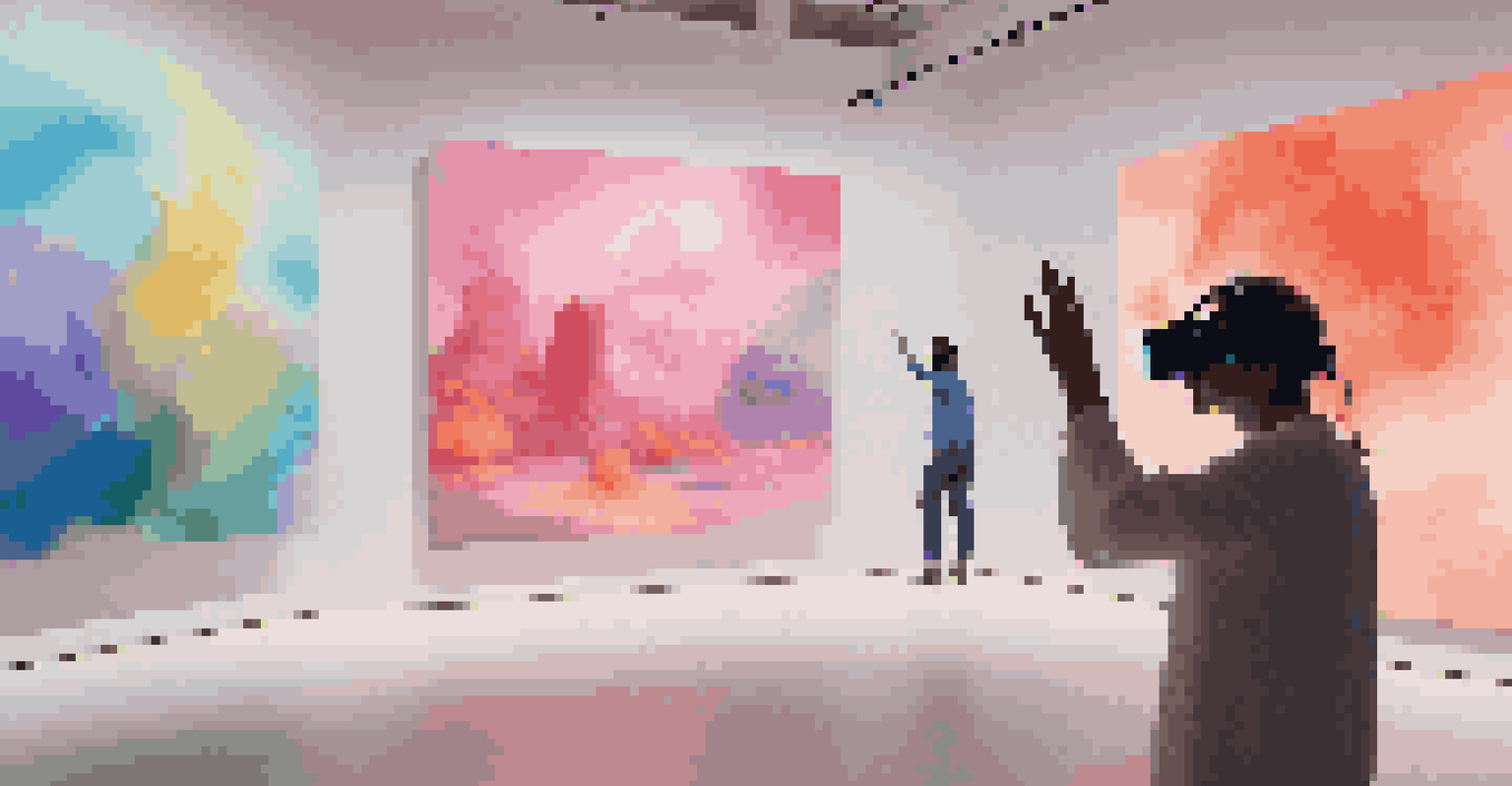A virtual reality art gallery with floating sculptures and digital paintings, illuminated by soft lighting, where a visitor interacts with a colorful sculpture.