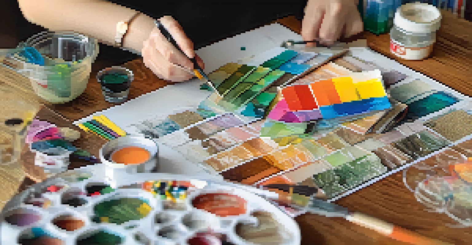 Close-up of hands working on a mixed-media collage with colorful paper and art supplies on a wooden table.