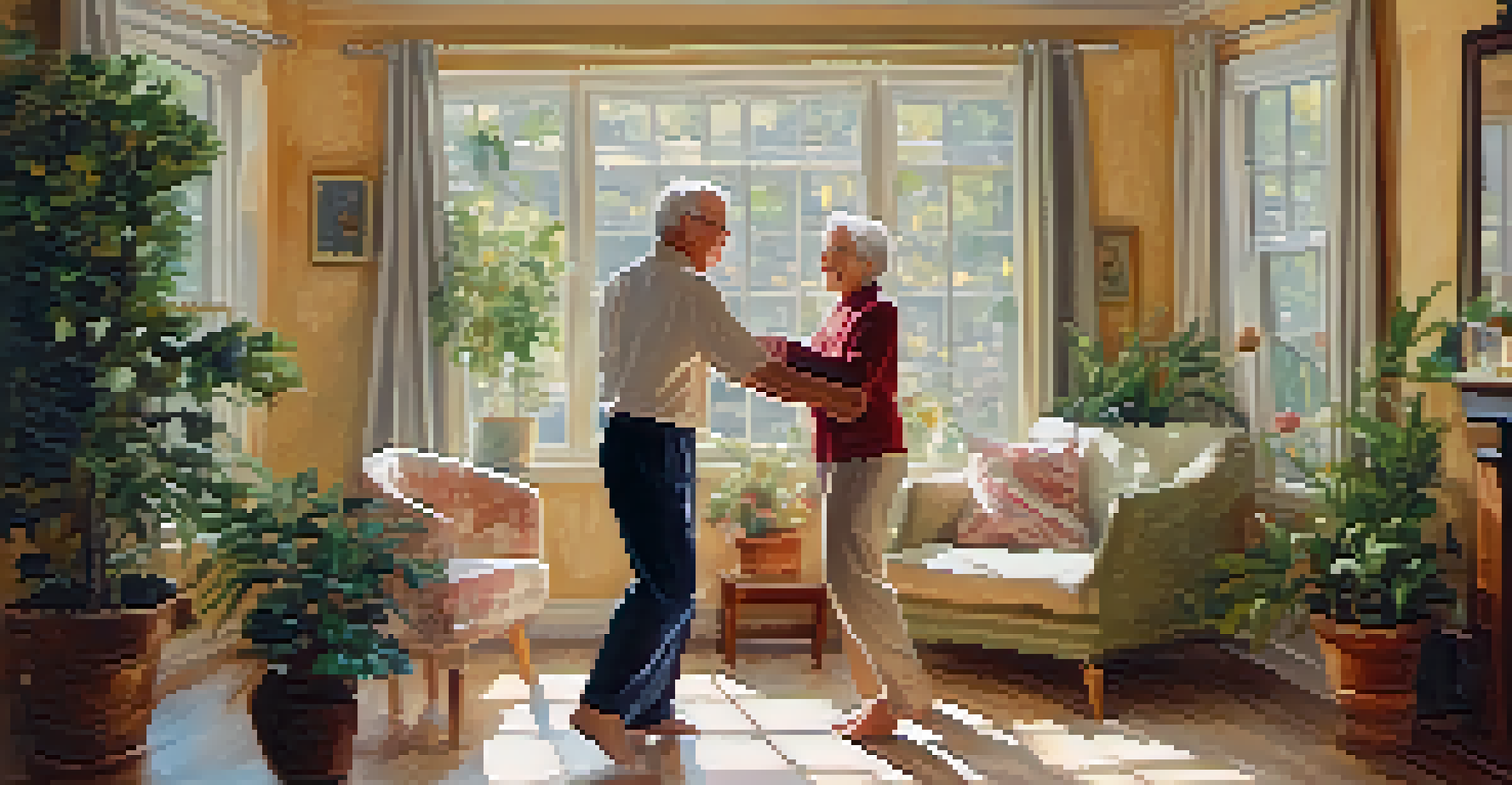 Two seniors dancing closely together in a cozy room, enjoying their time and creating a bond through movement.