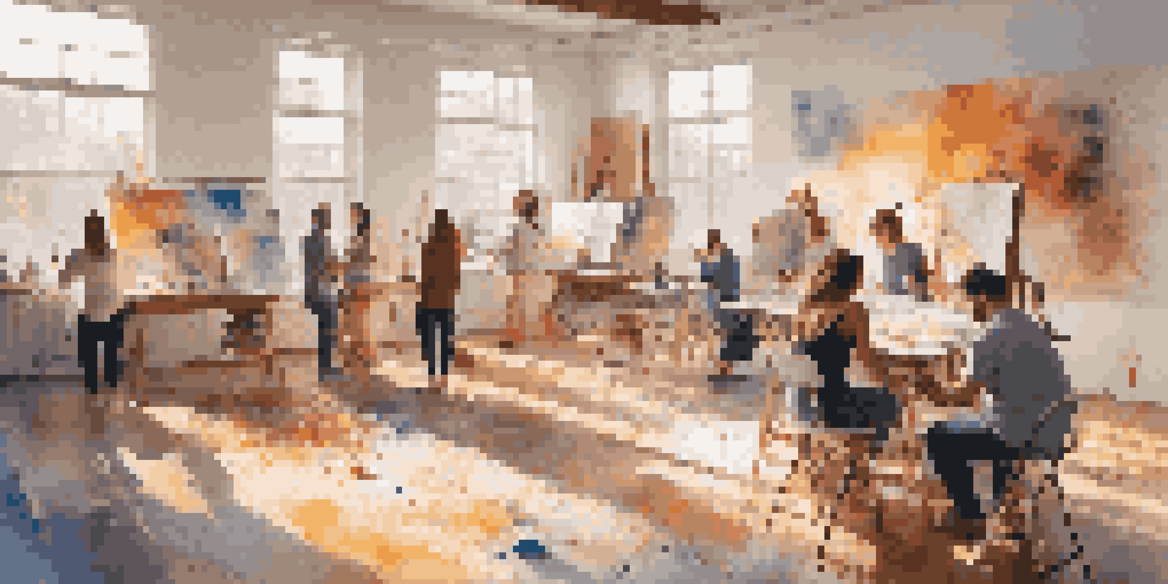 A lively art studio with diverse artists happily collaborating on a large canvas, surrounded by colorful paints and warm natural light.
