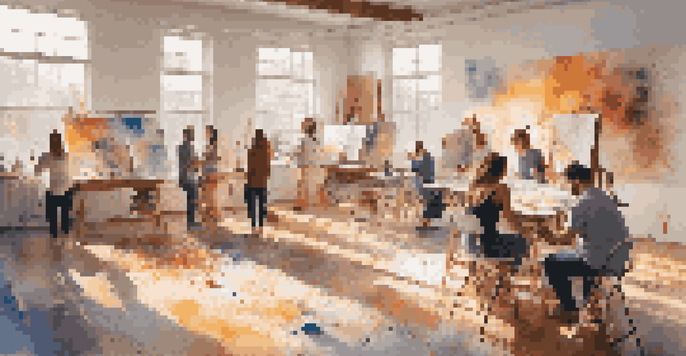 A lively art studio with diverse artists happily collaborating on a large canvas, surrounded by colorful paints and warm natural light.