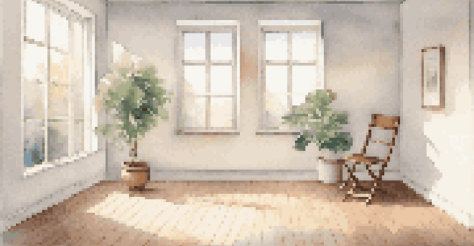 A minimalist interior with a large white canvas, wooden chair, and potted plant, illuminated by natural light.