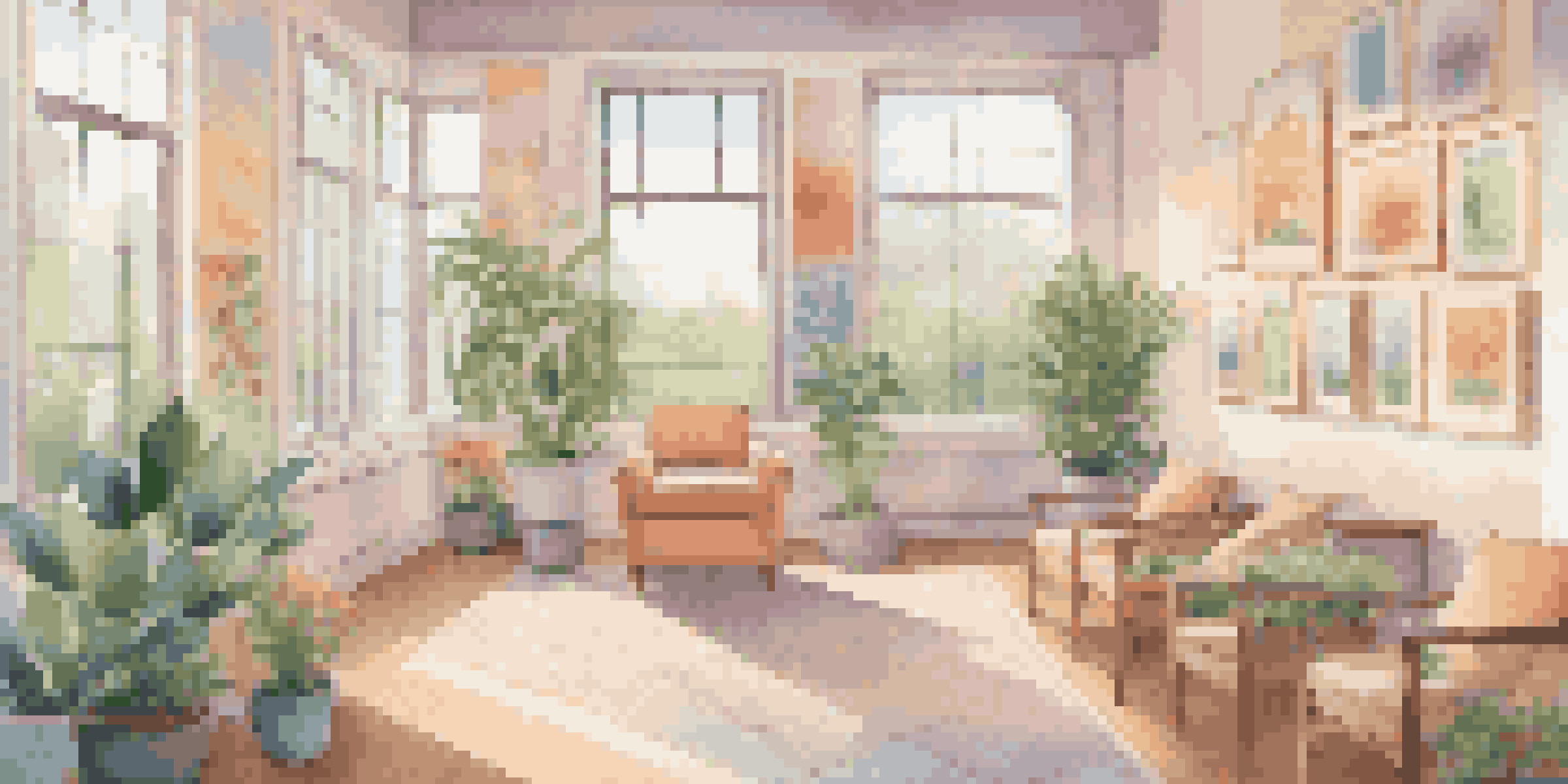 A calming art therapy room filled with patient-created colorful paintings and art supplies, illuminated by natural light.