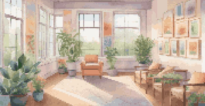 A calming art therapy room filled with patient-created colorful paintings and art supplies, illuminated by natural light.