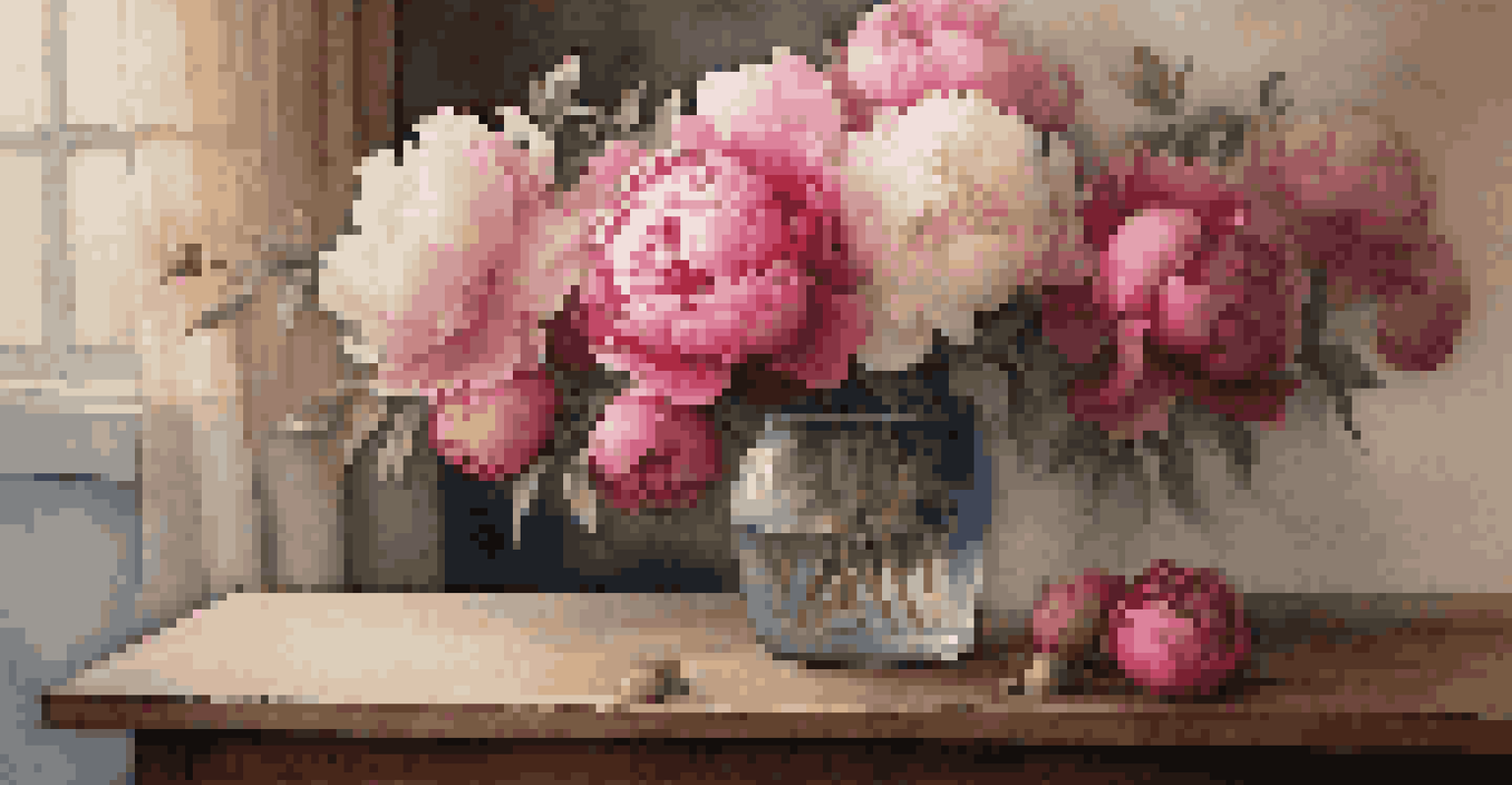 A vintage vase with colorful peonies and roses on a rustic wooden table.