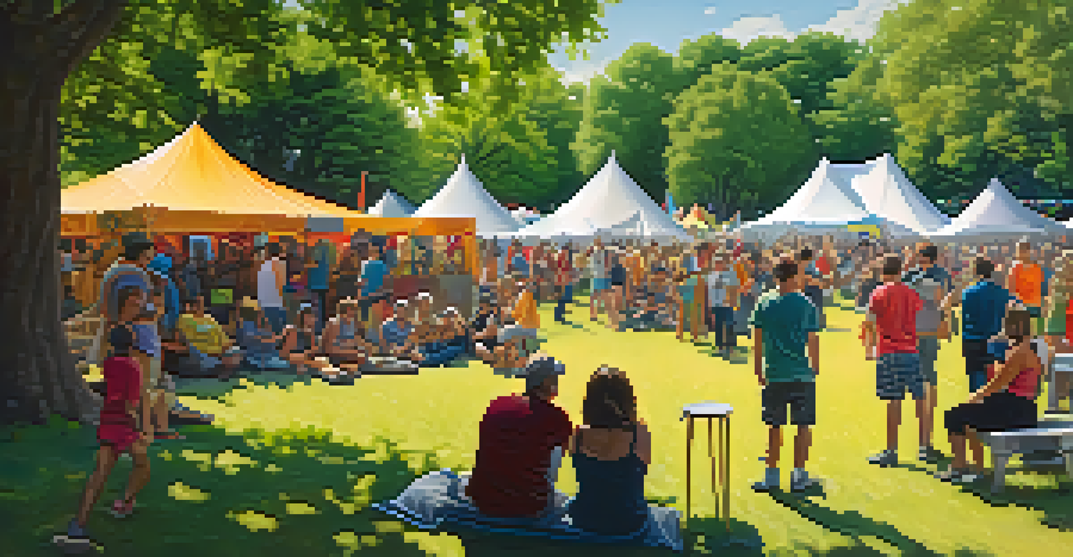 An outdoor sound art festival with artists performing and a captivated audience, surrounded by colorful tents and trees.