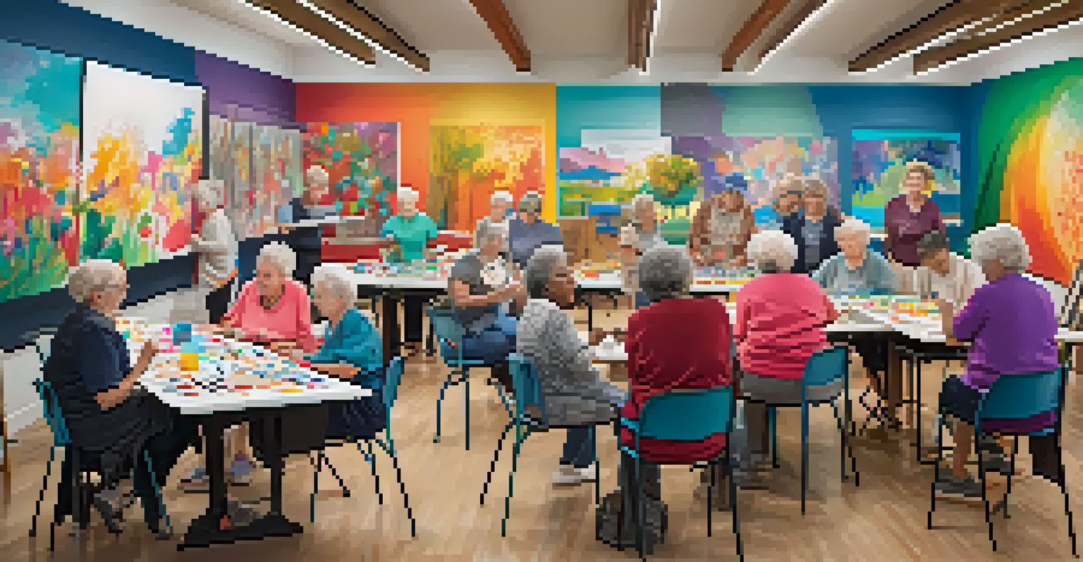 A diverse group of seniors collaborating on a colorful mural in a community art class, surrounded by art supplies.