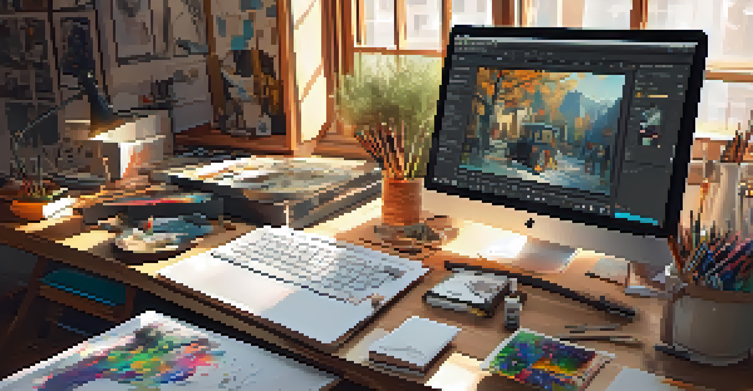 A detailed view of an artist's workspace with a digital tablet and art supplies, illuminated by warm light.