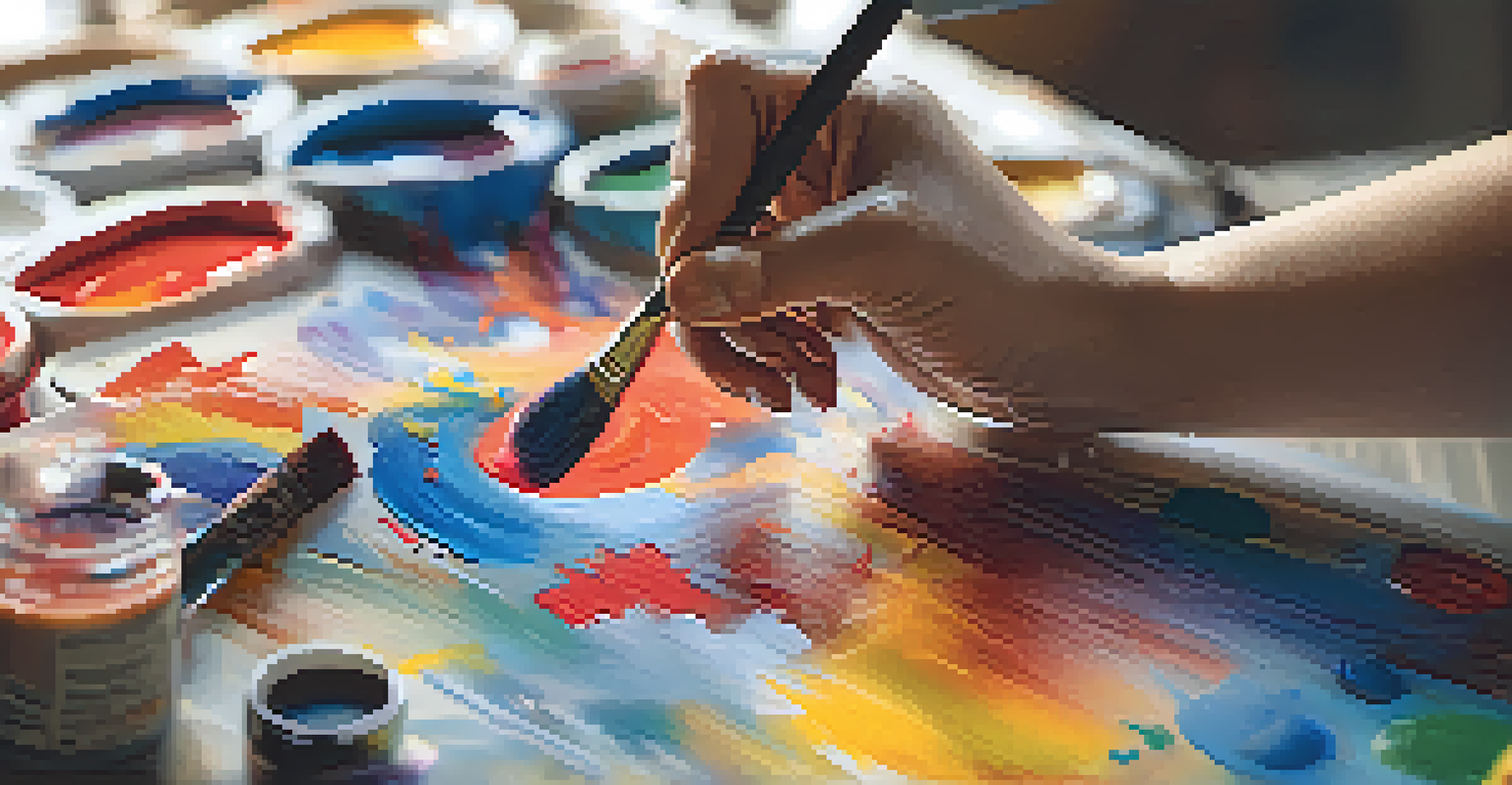 Close-up of an artist's hands painting on a canvas with vibrant colors, showcasing the creative process and textures of paint.