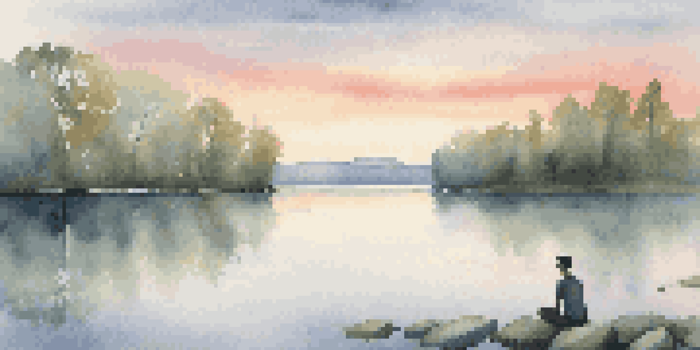 A peaceful scene of a person meditating by a calm lake at sunrise, surrounded by trees and soft reflections.