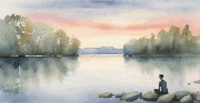 A peaceful scene of a person meditating by a calm lake at sunrise, surrounded by trees and soft reflections.