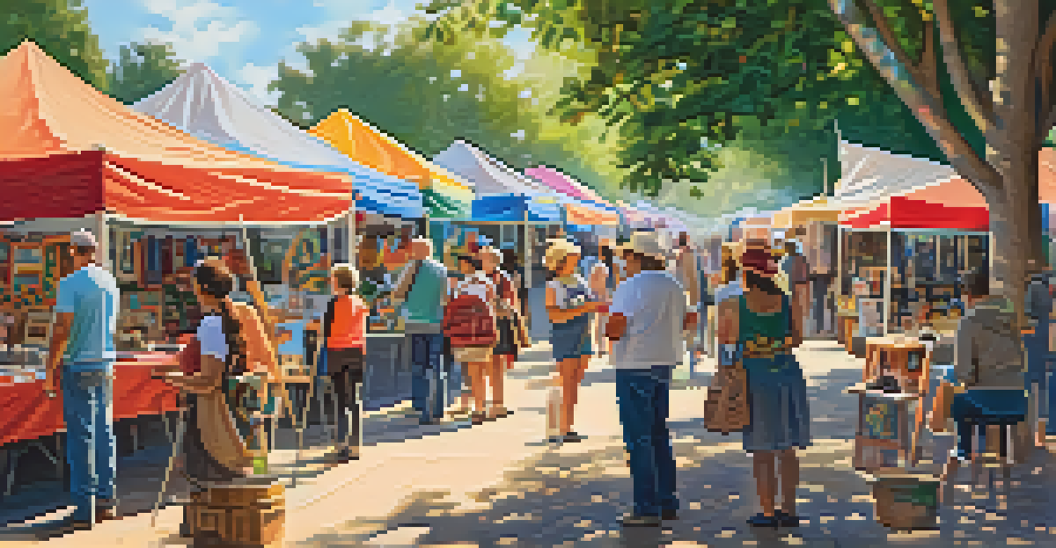 An outdoor community art festival with local artisans displaying handmade crafts, paintings, and sculptures, surrounded by cheerful visitors.