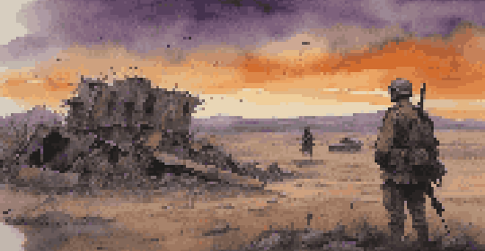 A solitary soldier stands amidst a desolate battlefield at dusk, surrounded by remnants of war, with a dramatic sky and personal items in the foreground.