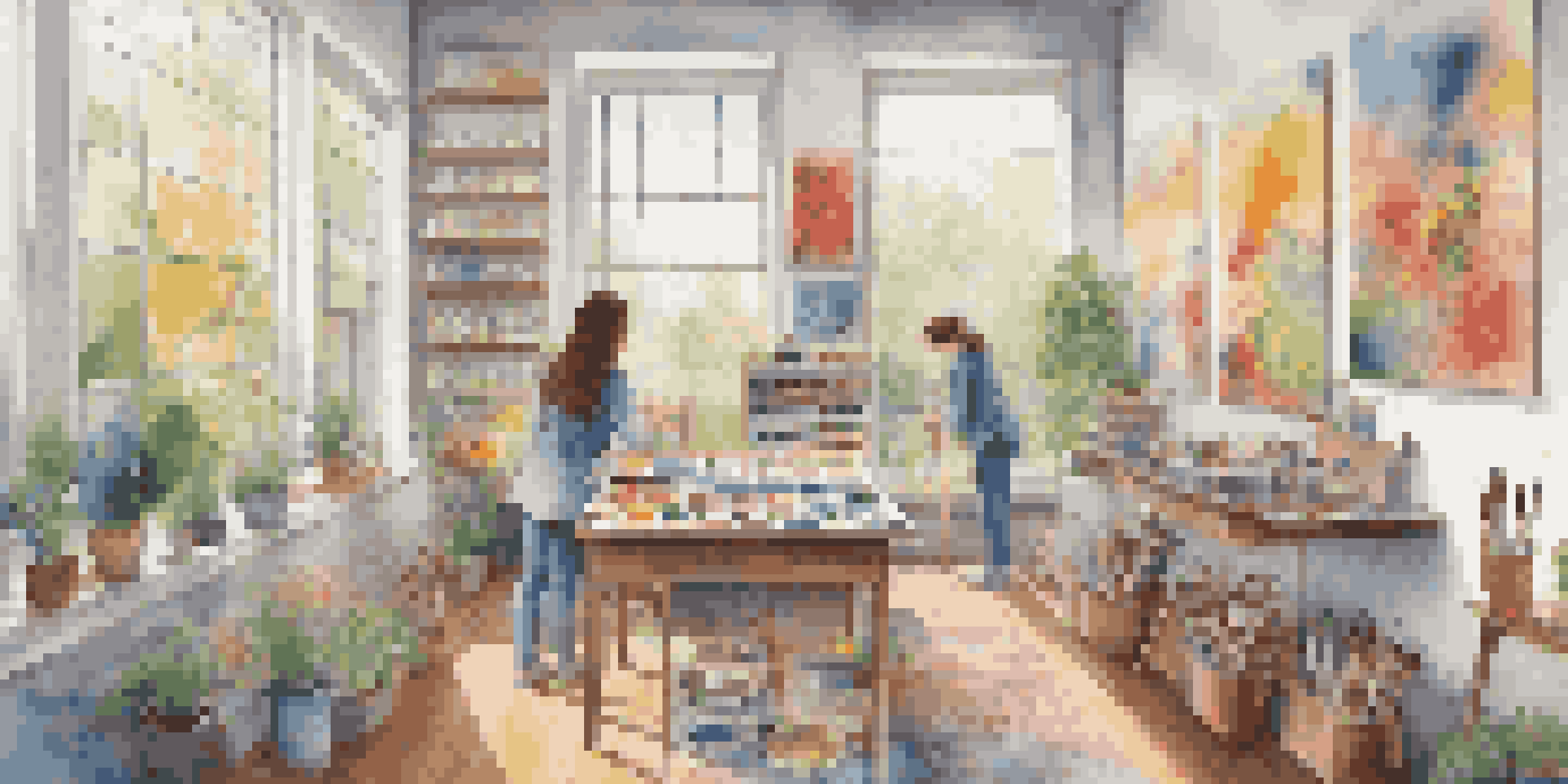 A peaceful art studio with a person painting, surrounded by colorful art supplies and completed artworks, illuminated by natural light.