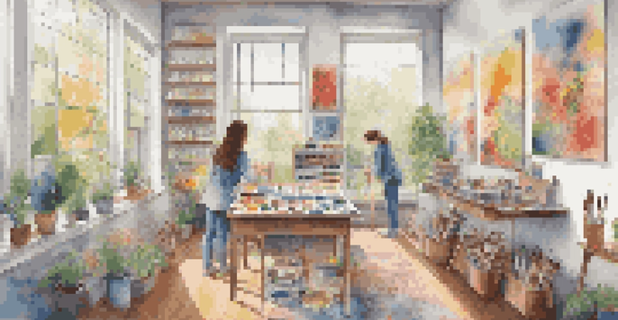 A peaceful art studio with a person painting, surrounded by colorful art supplies and completed artworks, illuminated by natural light.