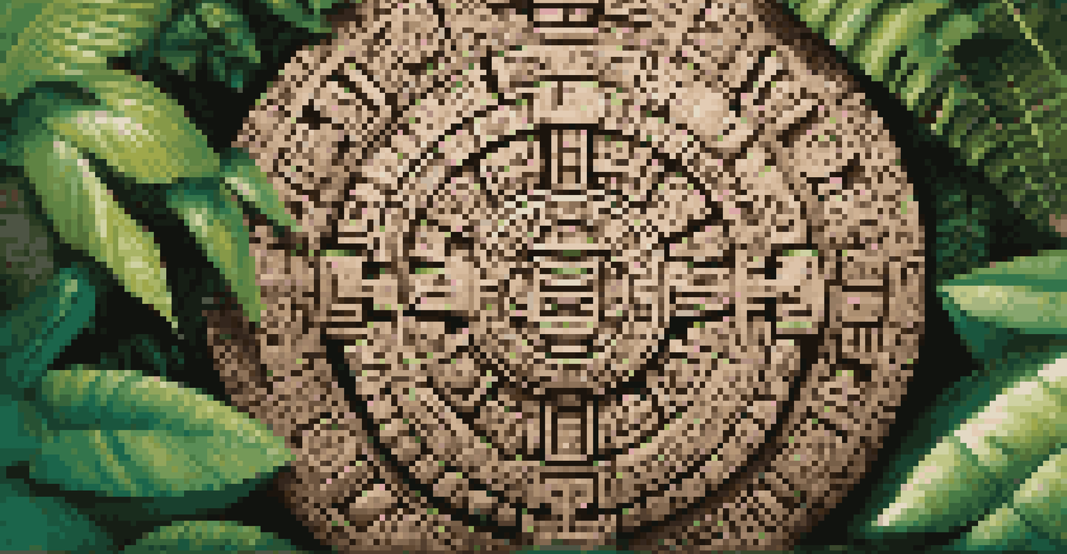 A close-up view of an intricately carved Mayan calendar stone in a jungle setting with sunlight filtering through the leaves.
