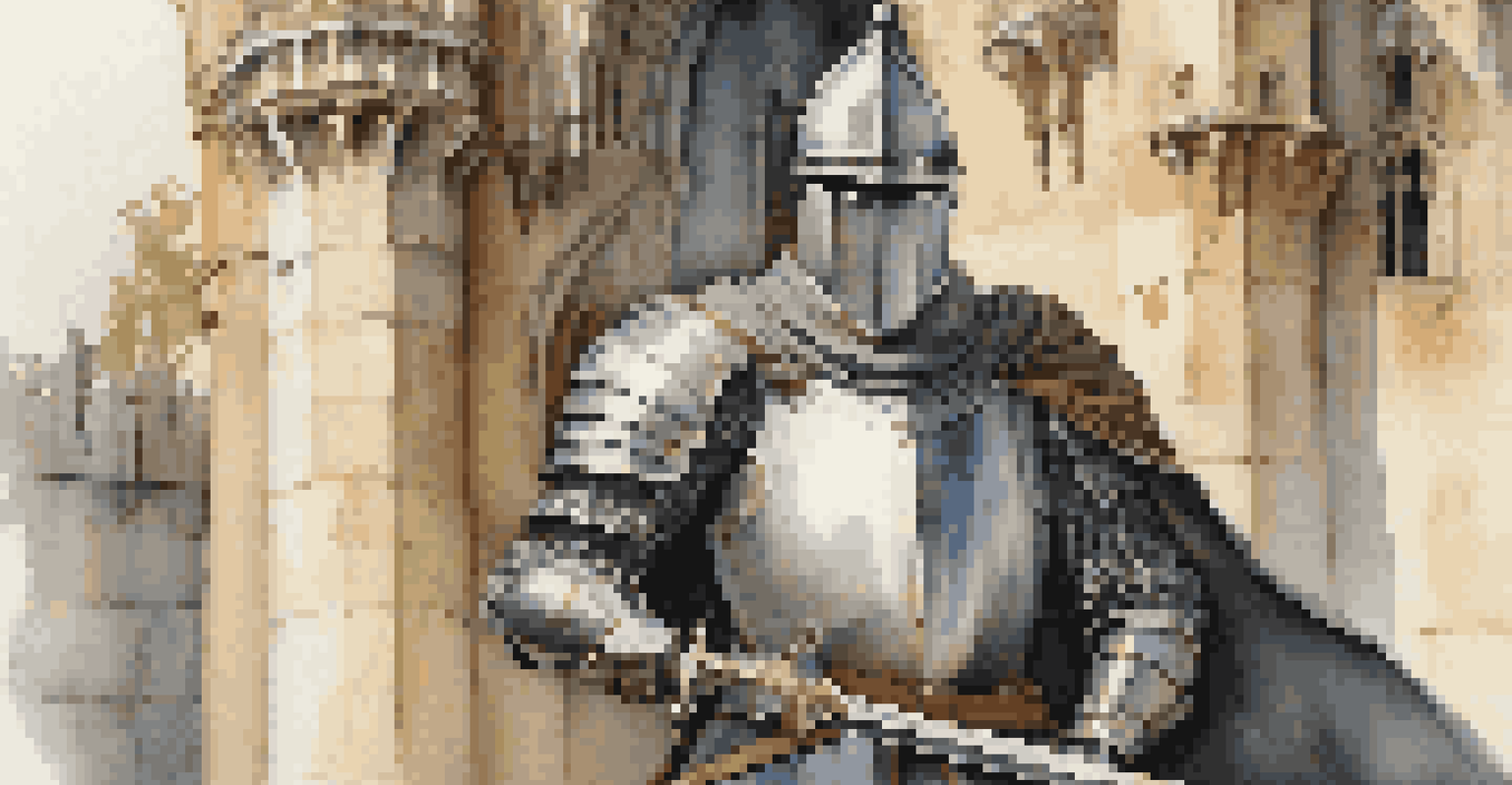A proud knight in shining armor standing in front of a medieval castle.