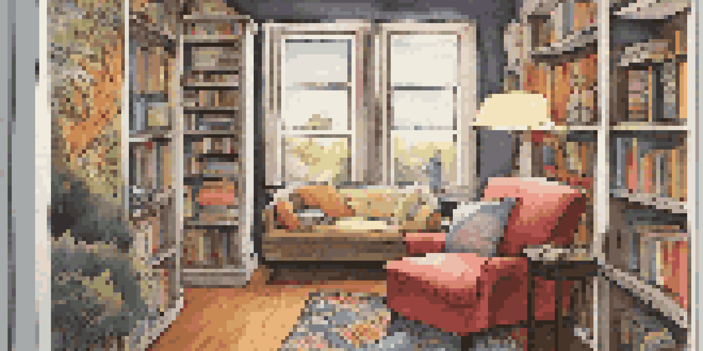 A cozy reading nook with graphic novels, warm lighting, and a plush armchair.