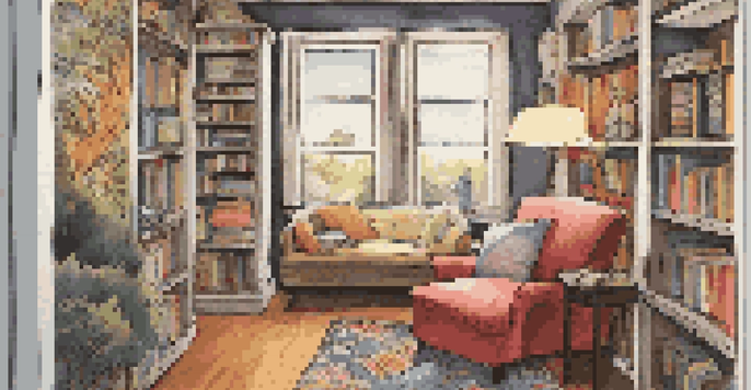 A cozy reading nook with graphic novels, warm lighting, and a plush armchair.