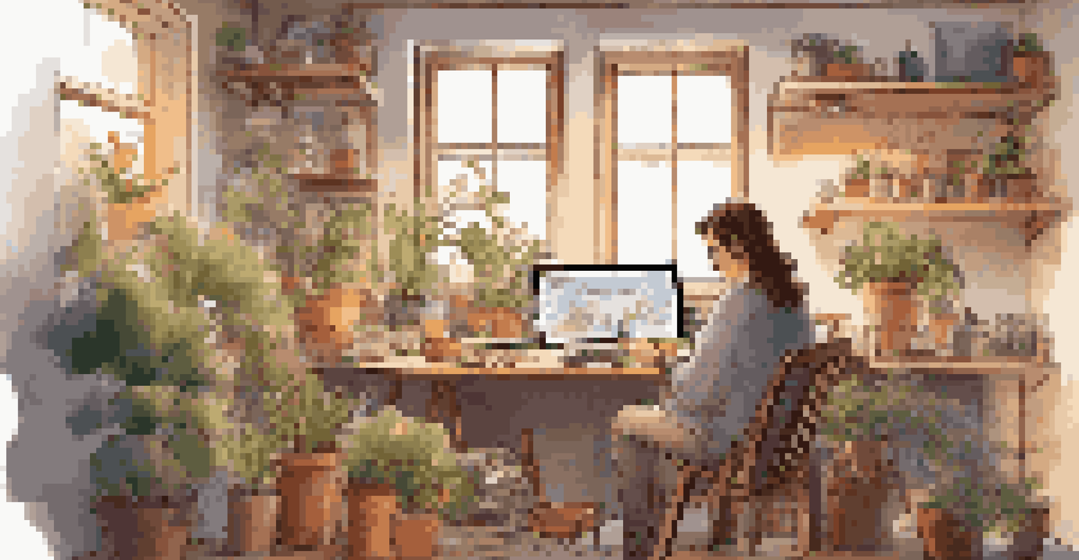 An artist focused on their digital tablet in a cozy studio filled with art supplies and plants.