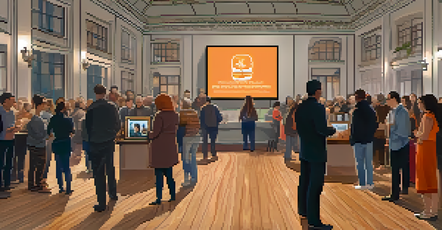 A charity auction scene featuring a digital screen showcasing NFTs, with attendees engaging in discussions about the artworks.