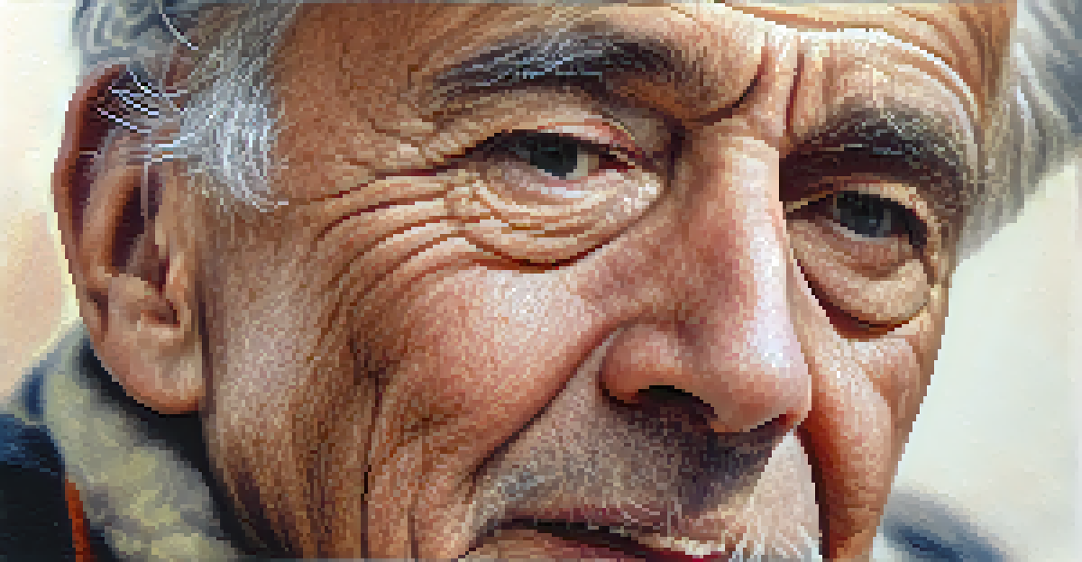 A close-up of an elderly man's face, highlighting the lines of his skin and a twinkle in his eye, set against a softly blurred background.