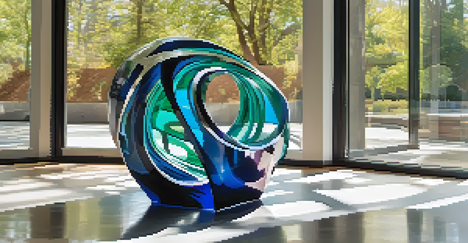 An abstract sculpture made of metal and glass in a bright gallery, highlighting its colors and shapes.