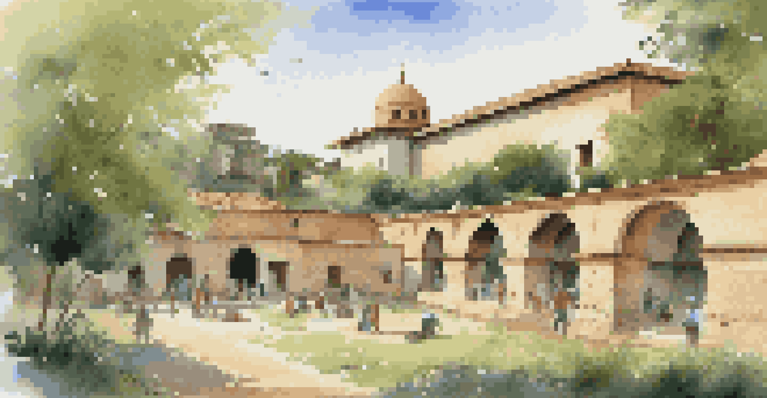 Artists from different cultures painting a historic cultural site in a serene landscape, highlighting the beauty of cultural heritage.