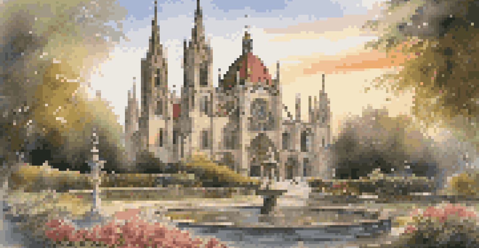 A Gothic cathedral at sunset surrounded by a tranquil garden with blooming flowers.